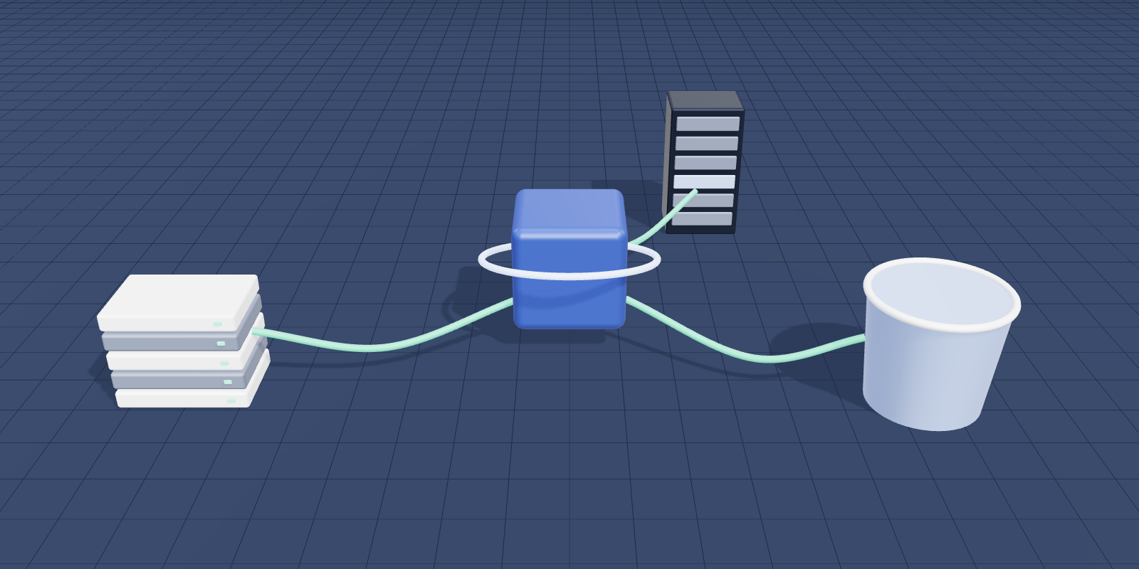 Illustration: one encrypted block connected to a disk stack, a storage rack and an object storage bucket.